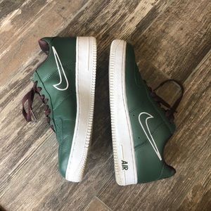 Nike Air Force 1’s in olive with burgundy laces